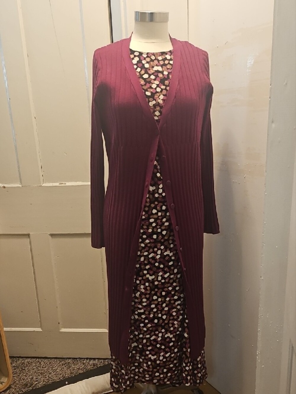 Calvin Klein Long Ribbed Button-Front Maxi Cardigan And Dress in Plum.